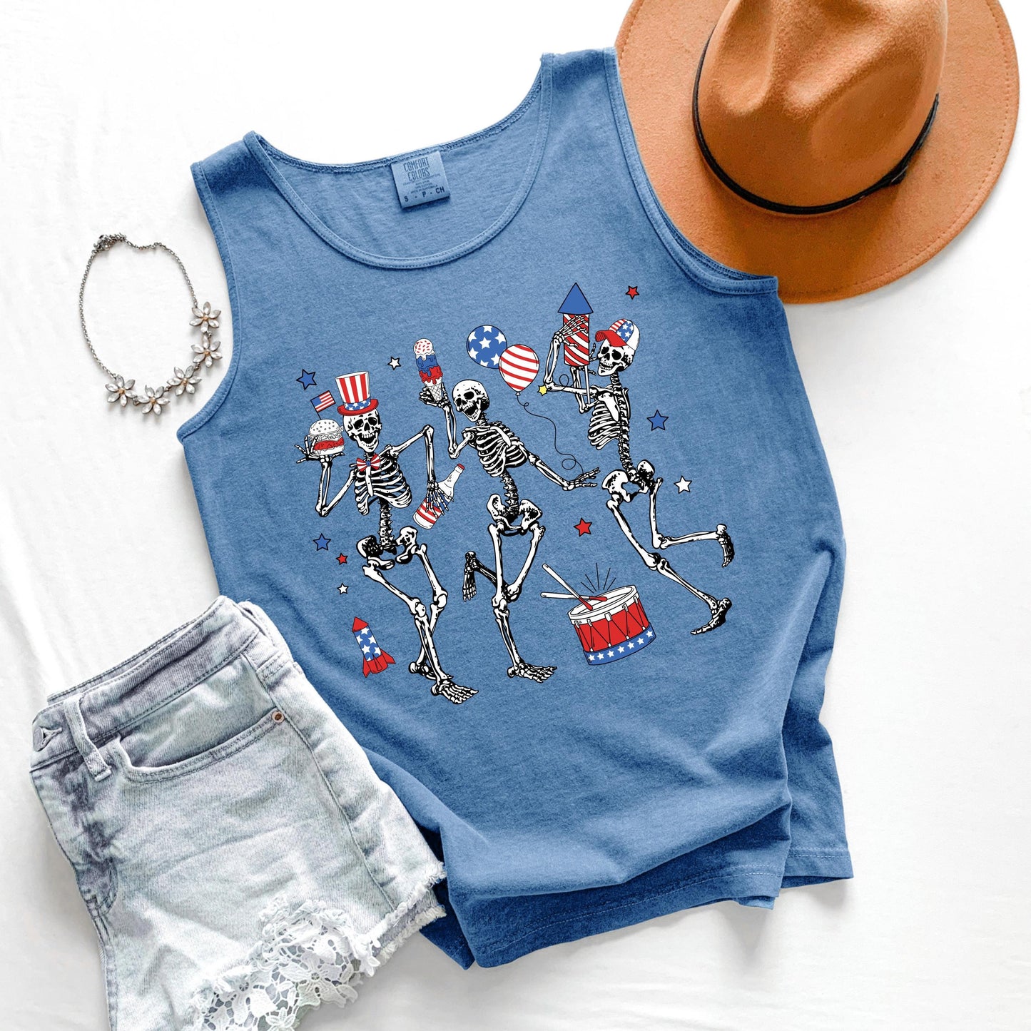 Comfort Colors Dancing Skeletons Tank Top: Patriotic 4th of July Tee