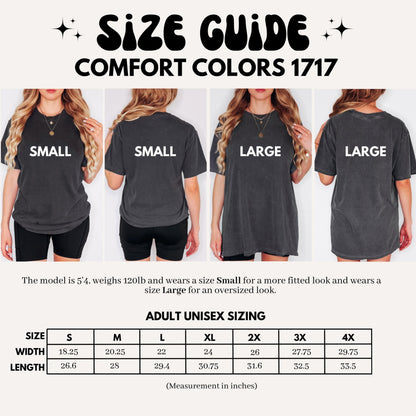 The image is a size guide for a comfortable-colored t-shirt, showing four different sizes for a model who wears a size Small, Small, Large, and Large.