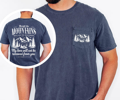 Mountain Scripture Shirt, Christian Pocket Tee, Faith Based T Shirt, Isaiah 54 10 Shirt
