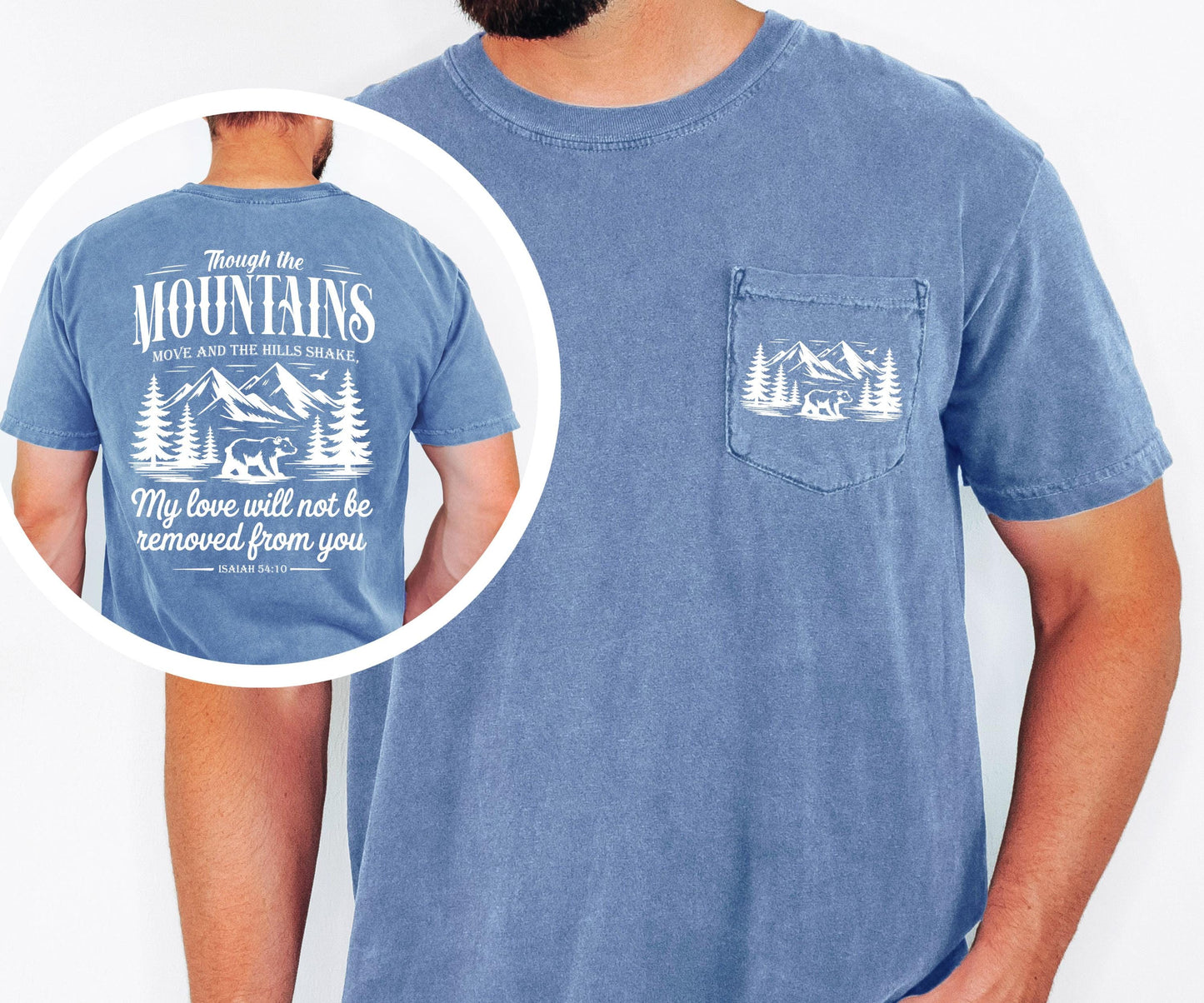 Mountain Scripture Shirt, Christian Pocket Tee, Faith Based T Shirt, Isaiah 54 10 Shirt