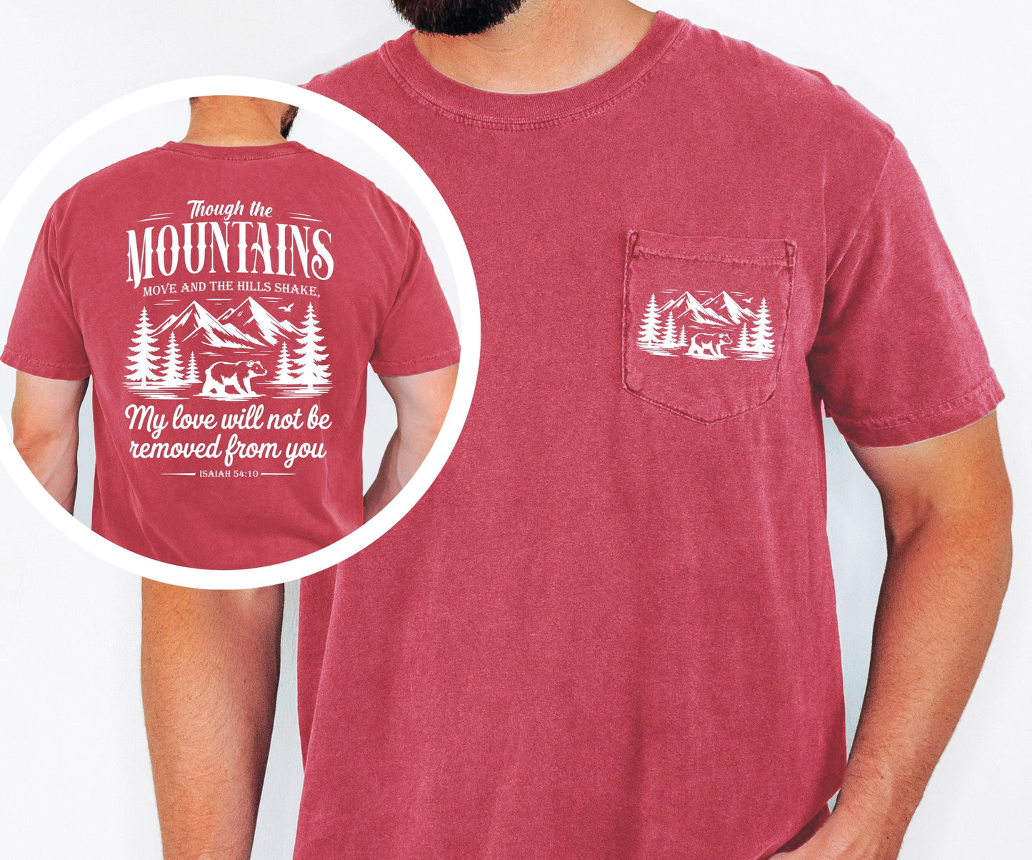 Mountain Scripture Shirt, Christian Pocket Tee, Faith Based T Shirt, Isaiah 54 10 Shirt