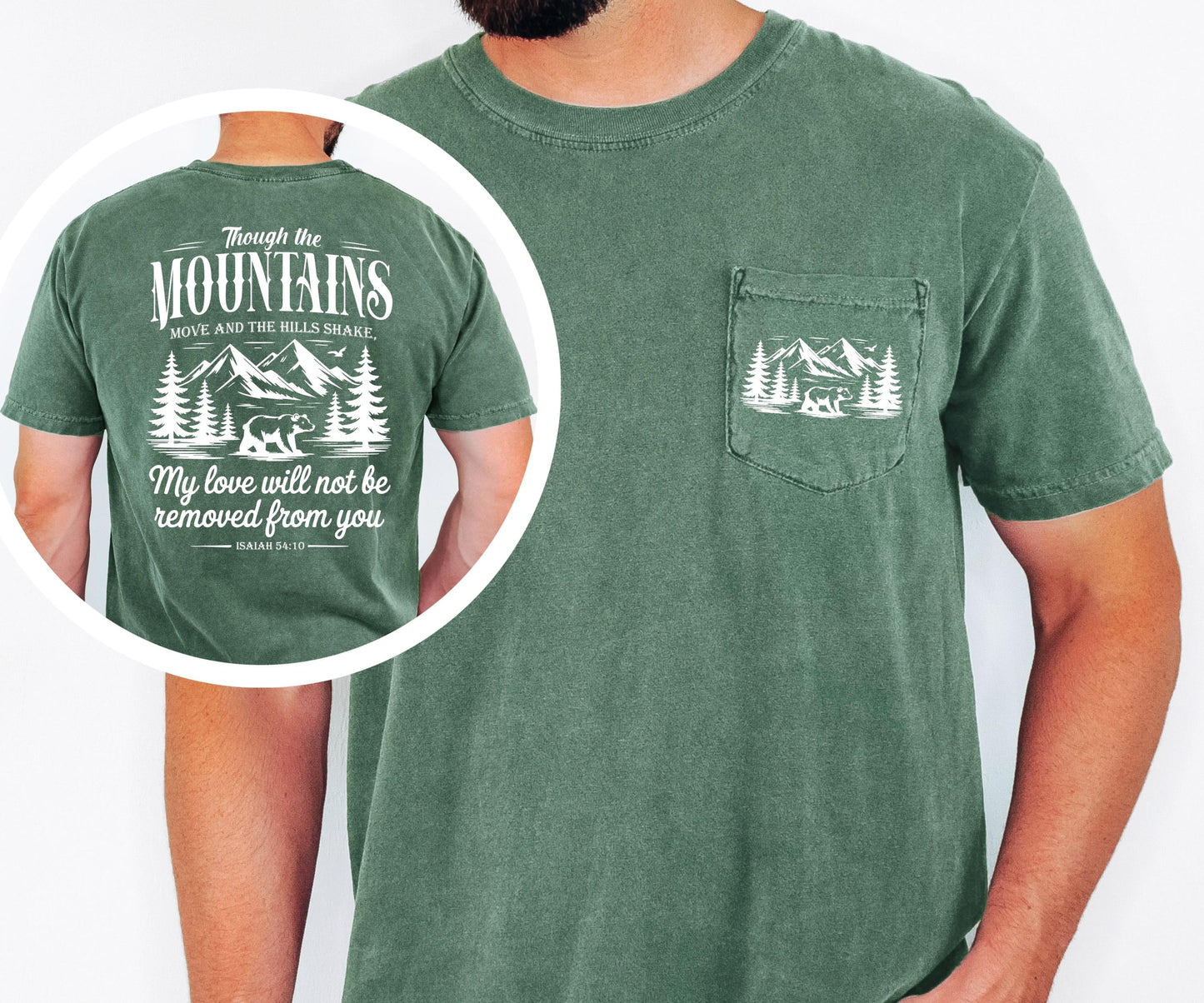 Mountain Scripture Shirt, Christian Pocket Tee, Faith Based T Shirt, Isaiah 54 10 Shirt