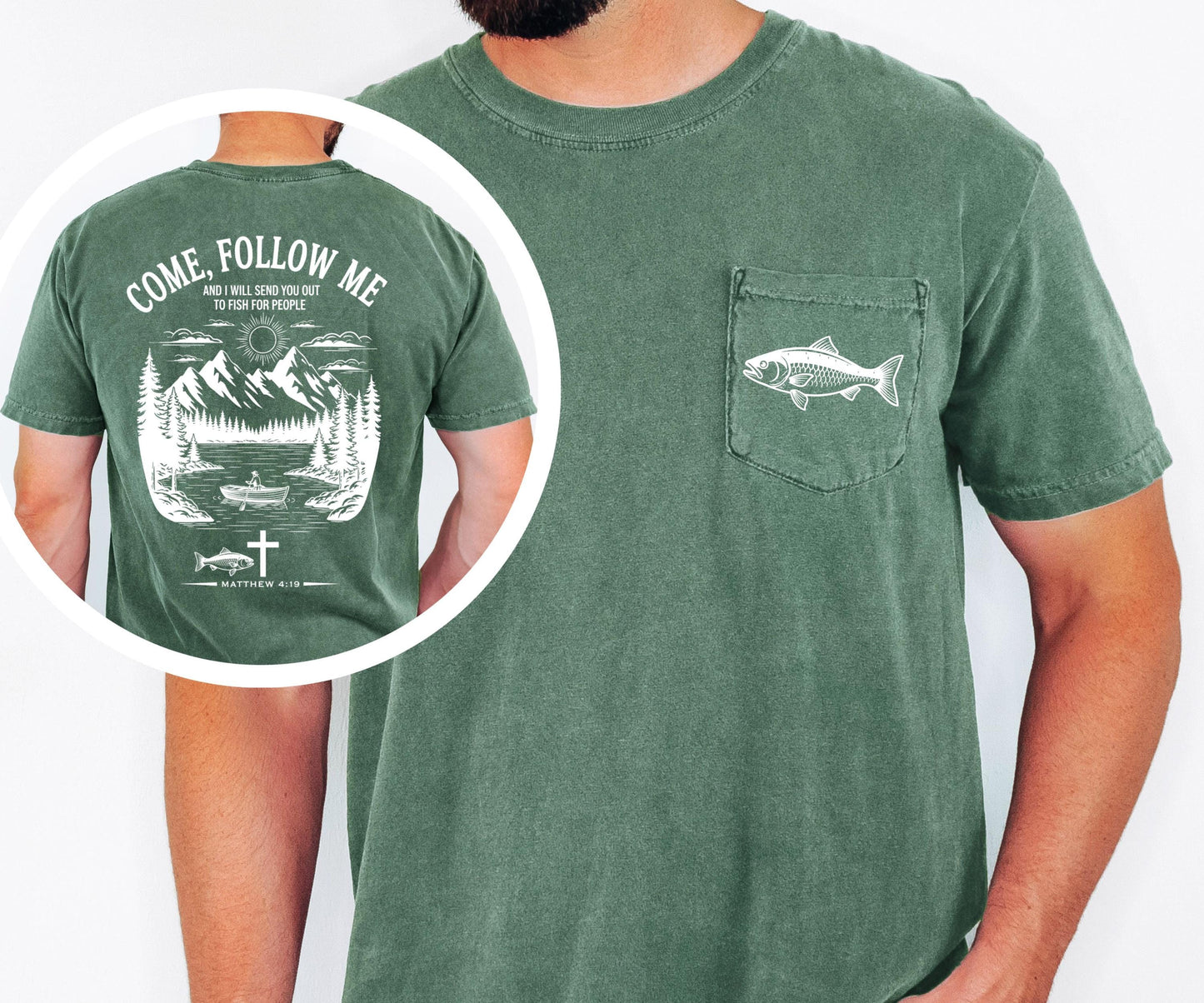 Christian Fishing Shirt Comfort Colors Pocket Tee Come Follow Me Matthew 4 19 Bible Verse Outdoor Faith Shirt Lake Boat Life Tee
