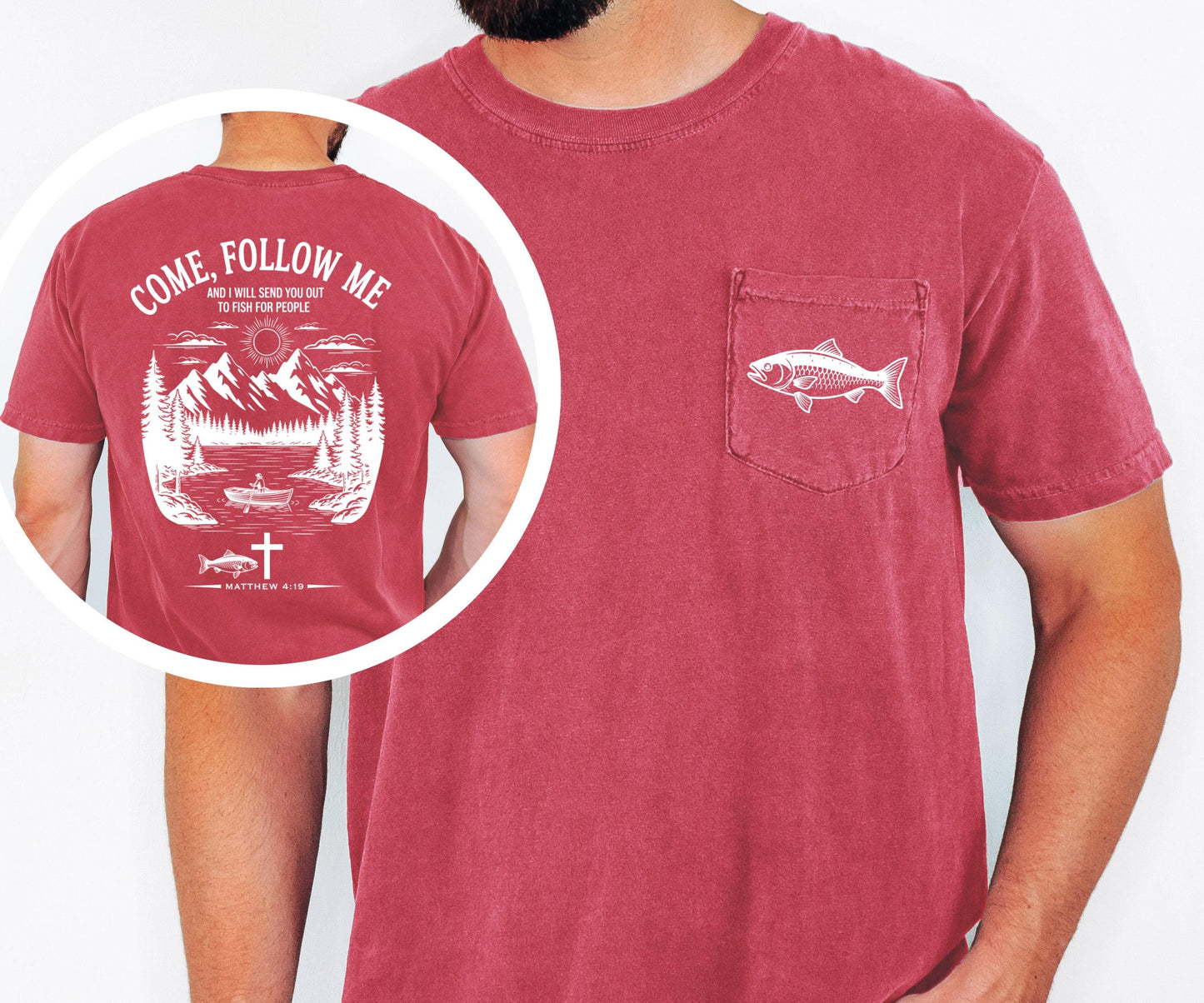 Christian Fishing Shirt Comfort Colors Pocket Tee Come Follow Me Matthew 4 19 Bible Verse Outdoor Faith Shirt Lake Boat Life Tee