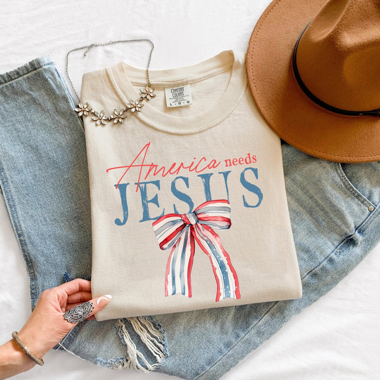 America Needs Jesus Shirt, Patriotic Christian Graphic Tee, Red White and Blue Bow T-Shirt, Fourth of July Faith Top, Religious USA Shirt