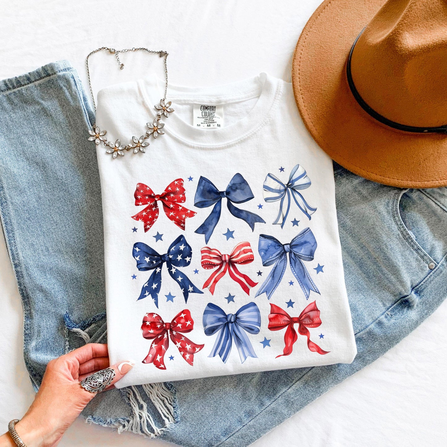 4th of July Bow Shirt, Patriotic Bow T Shirt, USA Graphic Tee, Womens July 4th Shirt
