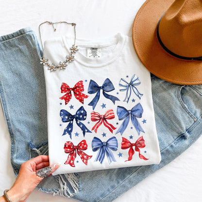 4th of July Bow Shirt, Patriotic Bow T Shirt, USA Graphic Tee, Womens July 4th Shirt