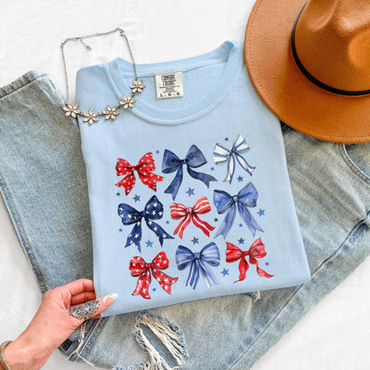 4th of July Bow Shirt, Patriotic Bow T Shirt, USA Graphic Tee, Womens July 4th Shirt