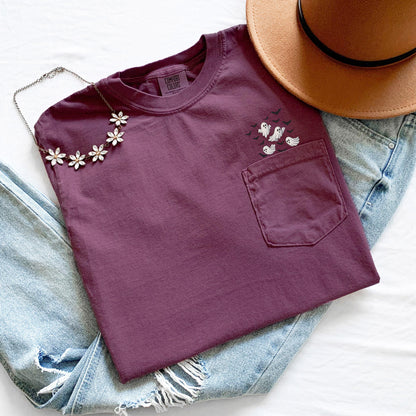 Cute Ghosts Pocket Tee Halloween, Flying Ghosts and Bats Halloween Shirt, Comfort Colors Pocket Tee, Trick or Treat Fall Top, Pumpkin Patch