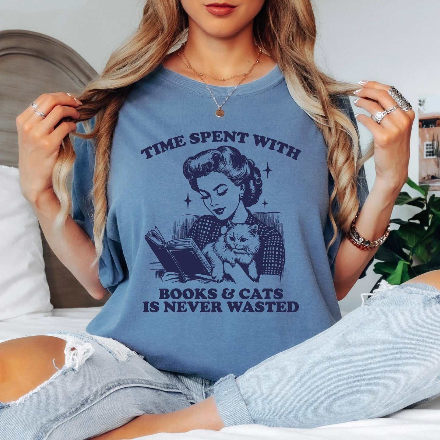 Time Spent With Books and Cats Is Never Wasted Shirt Book Lover T-Shirt Cute Cat Reading Sweatshirt Cozy Reader Gift Literary Top
