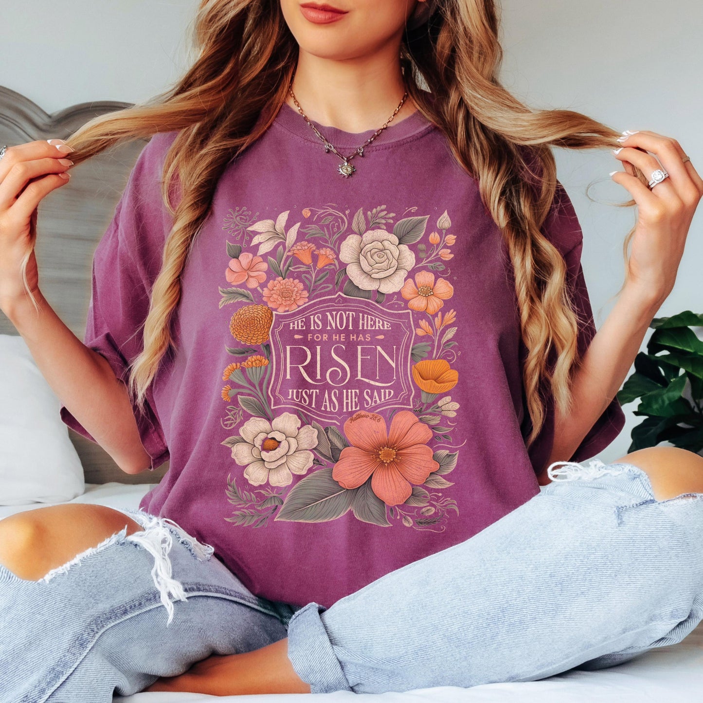 Comfort Colors Christian T-Shirt: Floral He Has Risen Design