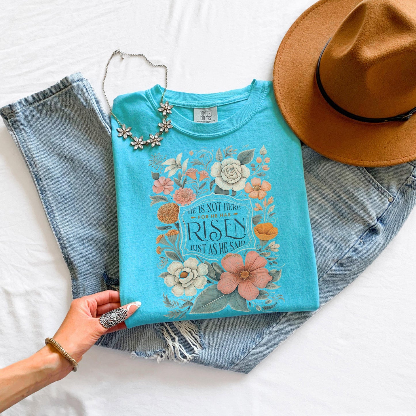 Comfort Colors Christian T-Shirt: Floral He Has Risen Design