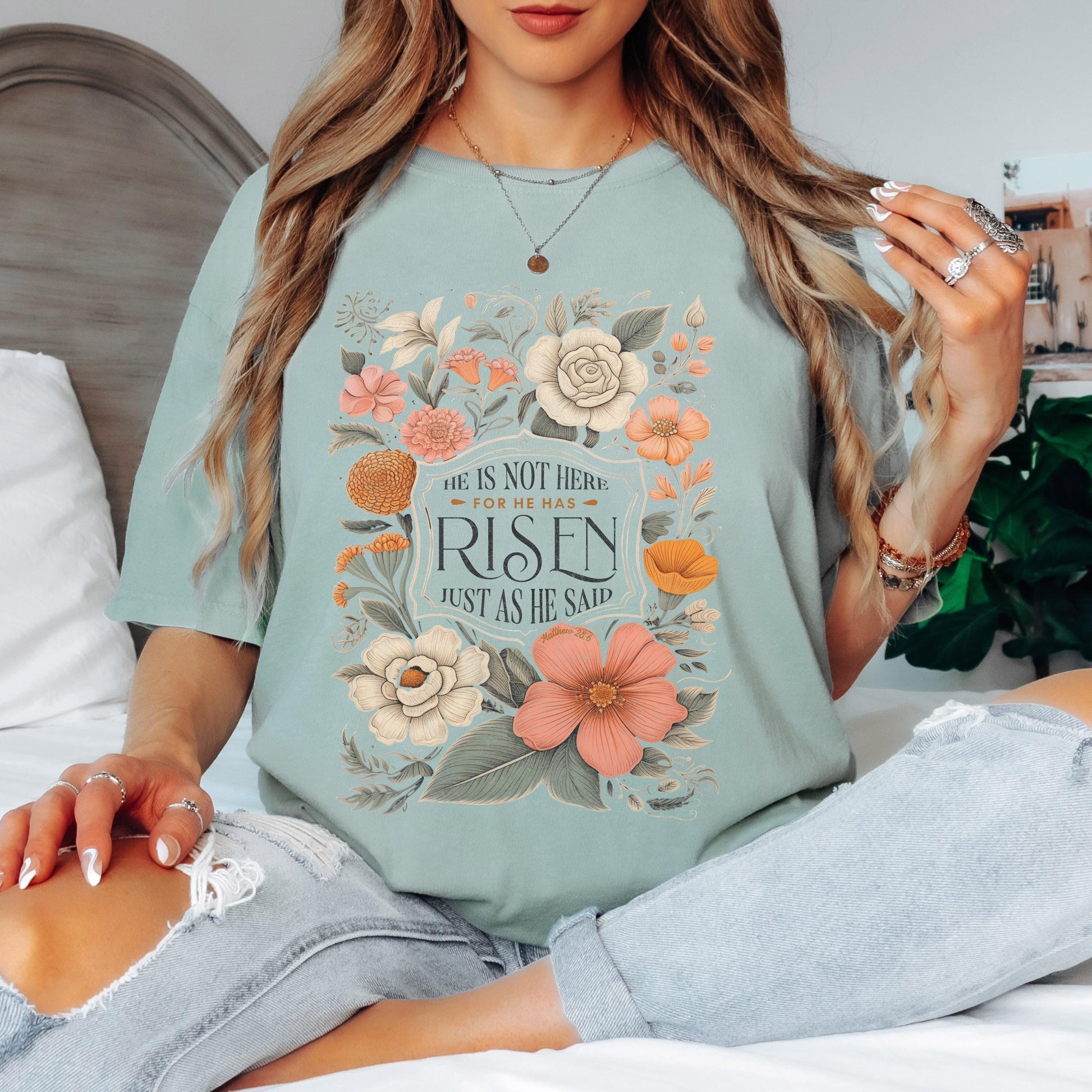 Comfort Colors Christian T-Shirt: Floral He Has Risen Design