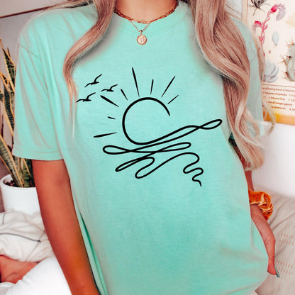 Minimalist Beach Sunset Shirt, Coastal Graphic T Shirt, Ocean Wave Tee, Summer Aesthetic Shirt