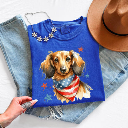 Long Hair Dachshund 4th of July Shirt | Patriotic Dog Mom Tee | Cute USA Dog Lover Gift | Independence Day Wiener Dog Shirt