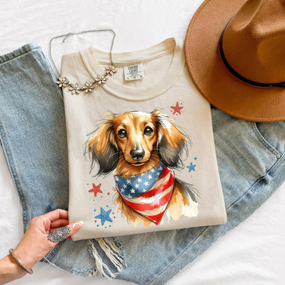 Long Hair Dachshund 4th of July Shirt | Patriotic Dog Mom Tee | Cute USA Dog Lover Gift | Independence Day Wiener Dog Shirt