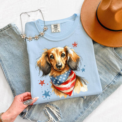 Long Hair Dachshund 4th of July Shirt | Patriotic Dog Mom Tee | Cute USA Dog Lover Gift | Independence Day Wiener Dog Shirt