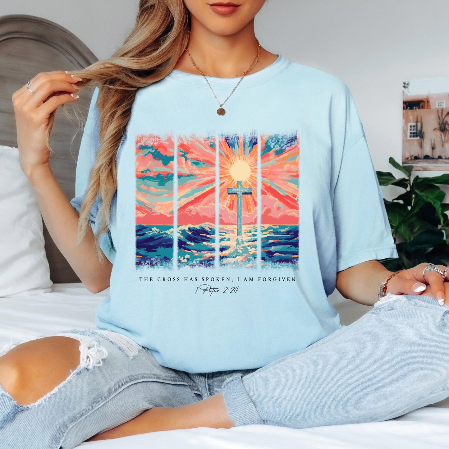 Christian Shirt: Cross Sunset Bible Verse Graphic Tee and Sweatshirt
