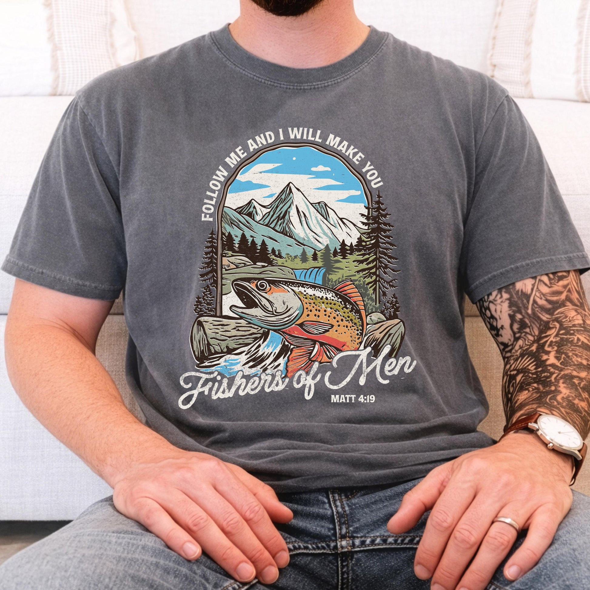 fishers of men christian fishing shirt comfort colors tee matthew 419 bible verse outdoors faith shirt trout mountain nature graphic tee