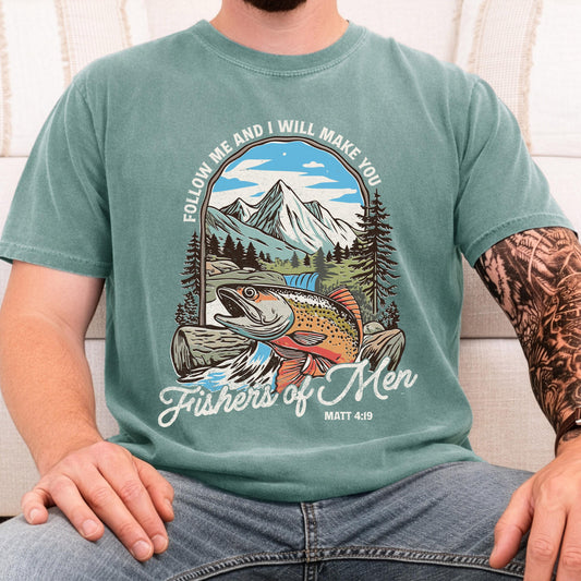 fishers of men christian fishing shirt comfort colors tee matthew 419 bible verse outdoors faith shirt trout mountain nature graphic tee