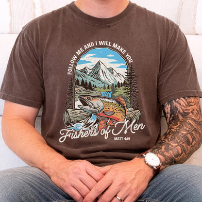 fishers of men christian fishing shirt comfort colors tee matthew 419 bible verse outdoors faith shirt trout mountain nature graphic tee