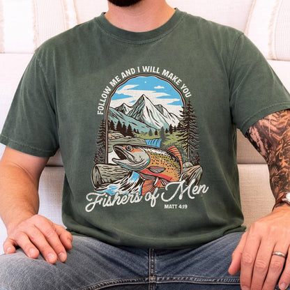 fishers of men christian fishing shirt comfort colors tee matthew 419 bible verse outdoors faith shirt trout mountain nature graphic tee