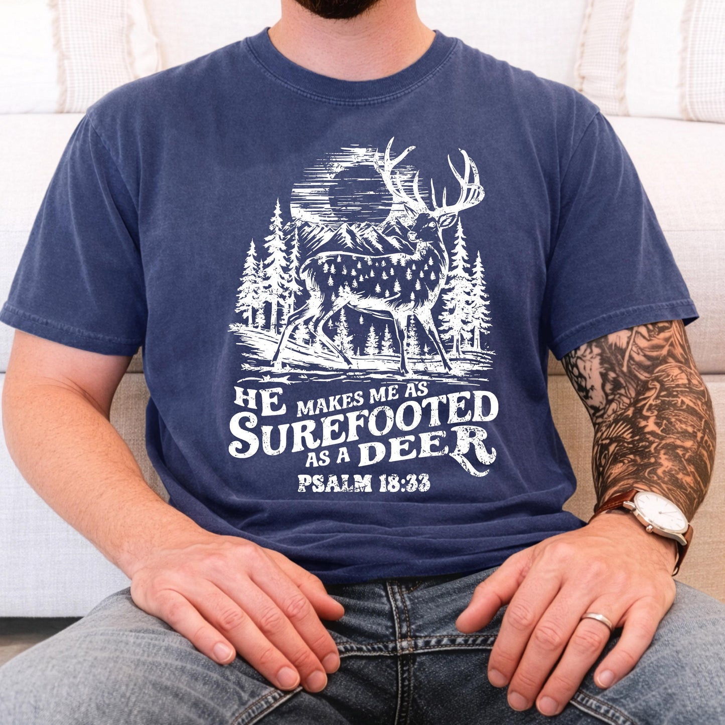 Christian Hunting Shirt Psalm 18:33 Deer Hunter Faith Apparel Outdoorsman Tee