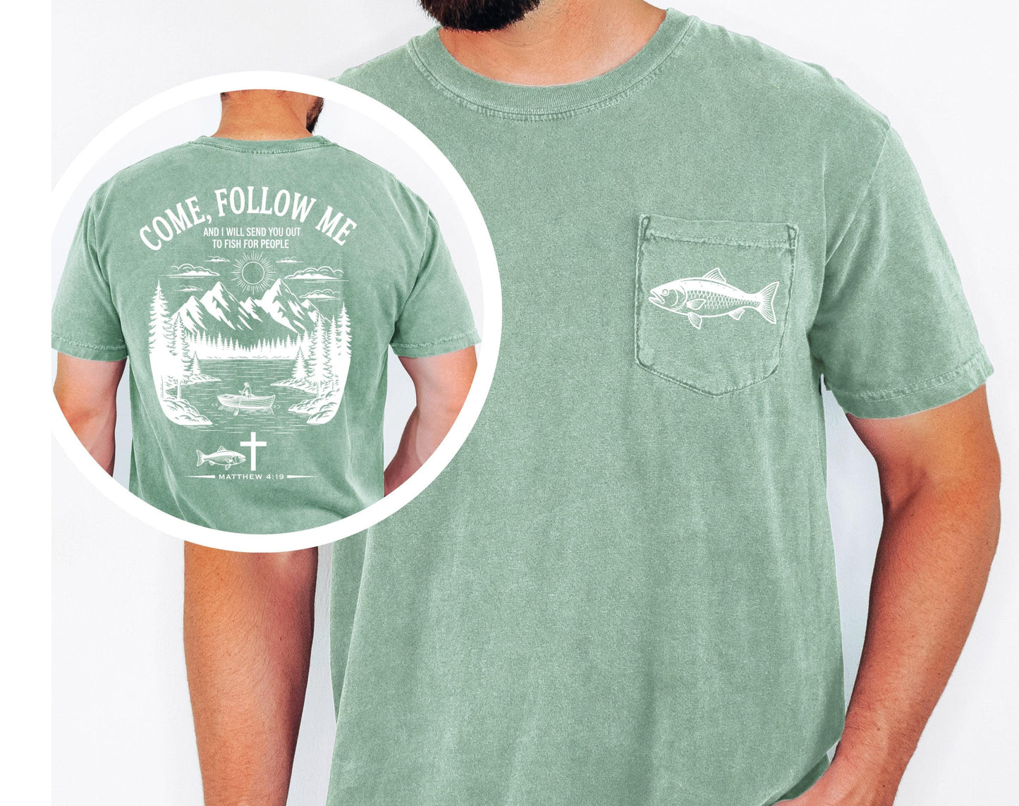 Christian Fishing Shirt Comfort Colors Pocket Tee Come Follow Me Matthew 4 19 Bible Verse Outdoor Faith Shirt Lake Boat Life Tee