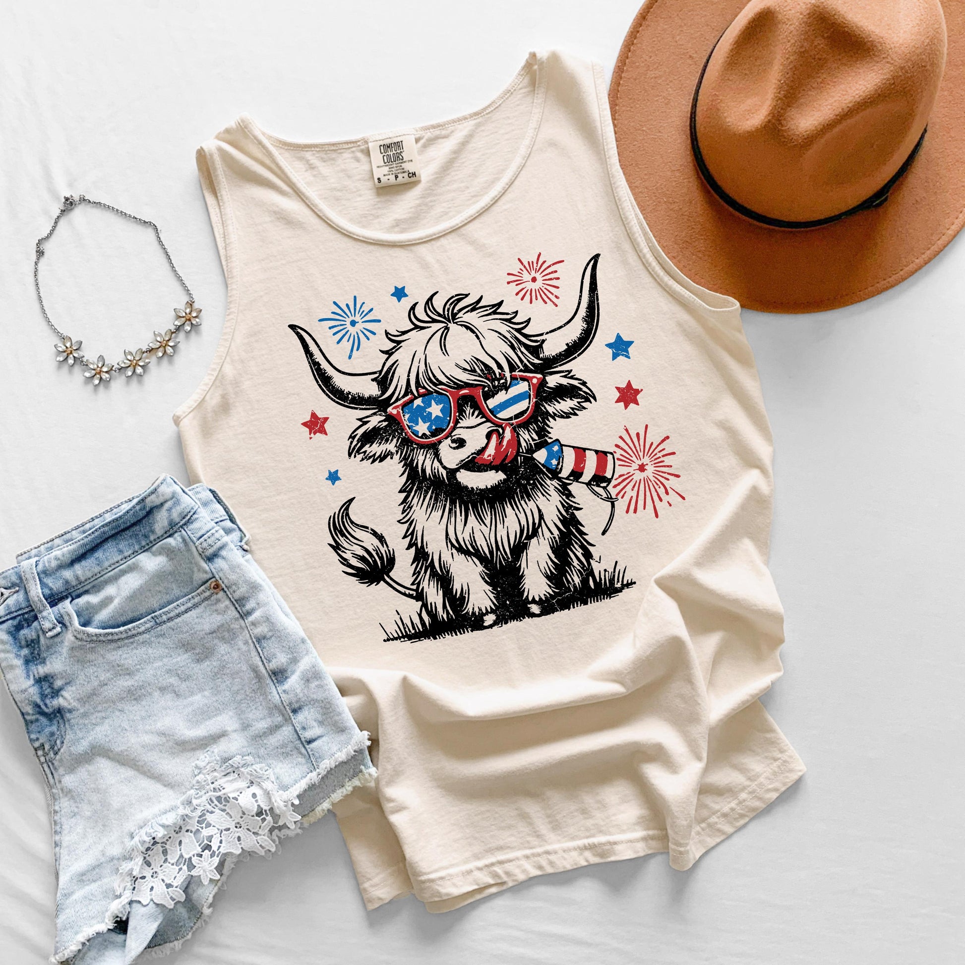 Highland Cow Patriotic Tank Top, USA Cow Tank, Fourth of July Graphic Tank, Americana Farm Tank