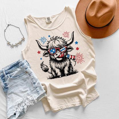 Highland Cow Patriotic Tank Top, USA Cow Tank, Fourth of July Graphic Tank, Americana Farm Tank