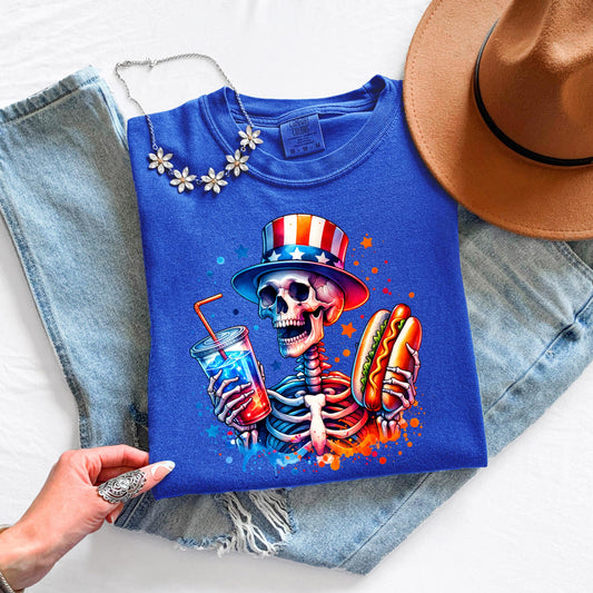 Skeleton Hot Dog Shirt 4th of July - Patriotic BBQ Tee