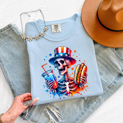 Skeleton Hot Dog Shirt 4th of July - Patriotic BBQ Tee