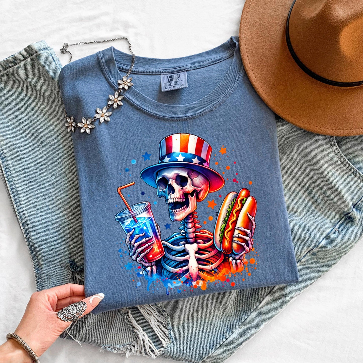 Skeleton Hot Dog Shirt 4th of July - Patriotic BBQ Tee