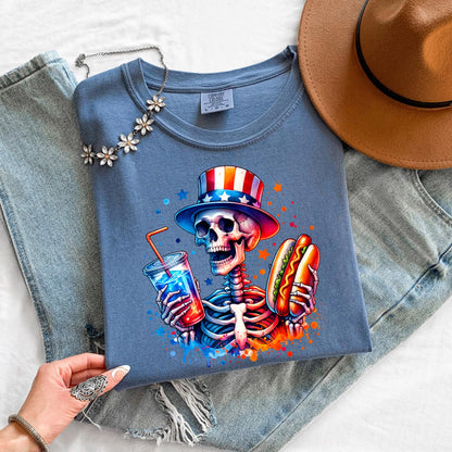 Skeleton Hot Dog Shirt 4th of July - Patriotic BBQ Tee