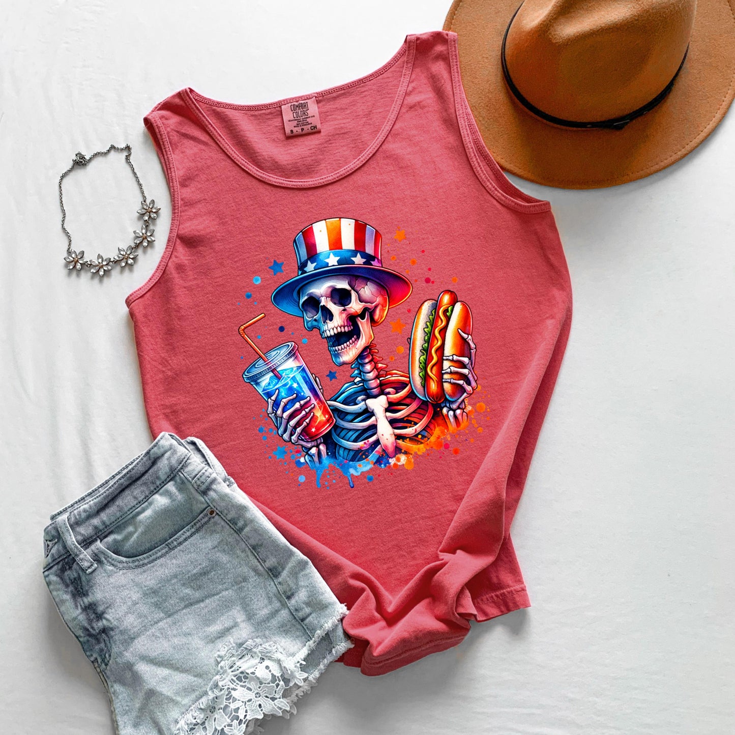 Skeleton Hot Dog Tank Top, Funny Drinking Skeleton Tank, Fourth of July Tank, BBQ Party Tank