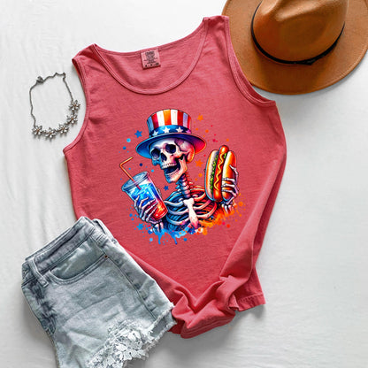 Skeleton Hot Dog Tank Top, Funny Drinking Skeleton Tank, Fourth of July Tank, BBQ Party Tank