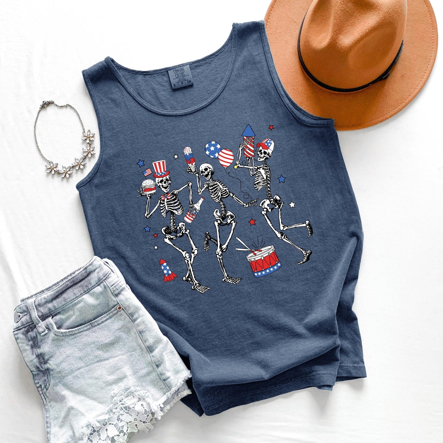 Comfort Colors Dancing Skeletons Tank Top: Patriotic 4th of July Tee