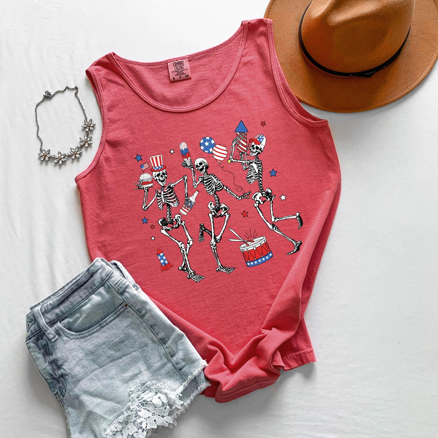 Comfort Colors Dancing Skeletons Tank Top: Patriotic 4th of July Tee