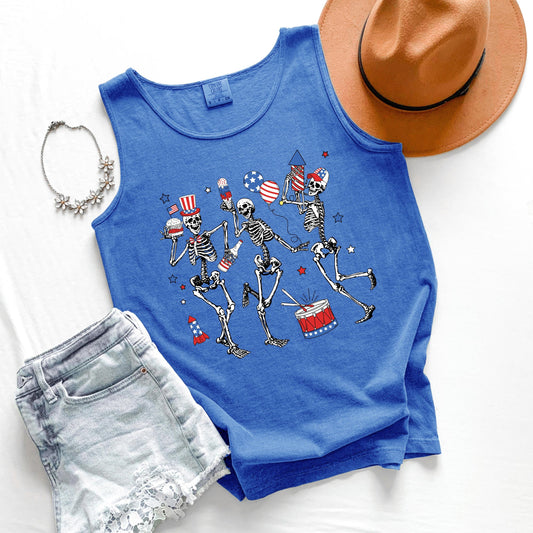 Comfort Colors Dancing Skeletons Tank Top: Patriotic 4th of July Tee
