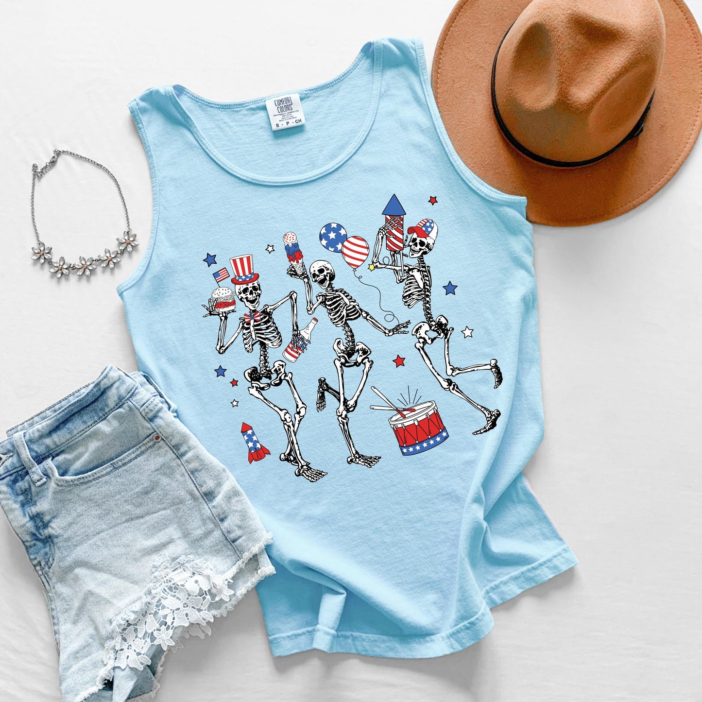 Comfort Colors Dancing Skeletons Tank Top: Patriotic 4th of July Tee