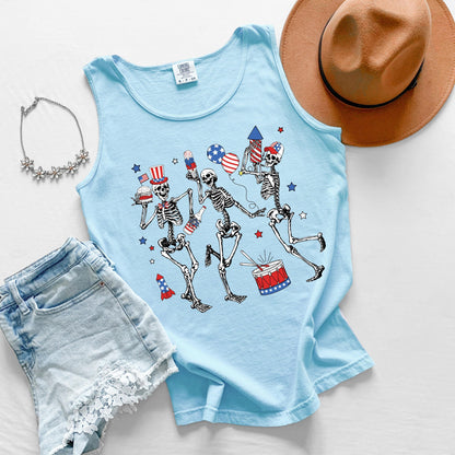 Comfort Colors Dancing Skeletons Tank Top: Patriotic 4th of July Tee