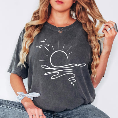 Minimalist Beach Sunset Shirt, Coastal Graphic T Shirt, Ocean Wave Tee, Summer Aesthetic Shirt