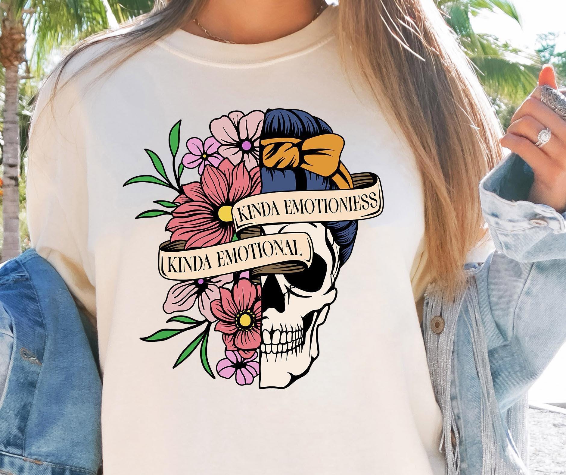 Funny Skull & Flowers Graphic Tee: Kinda Emotionless, Kinda Emotional