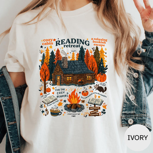 Reading Retreat Shirt Cozy Cabin Book Lover Tee Fall Reading Sweatshirt Autumn Bookish Top Cozy Reader Shirt Campfire Reading Outfit