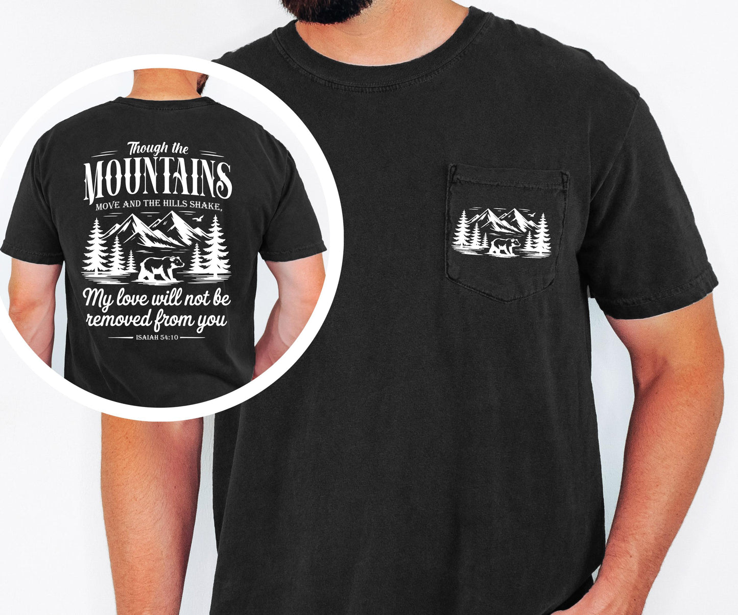 Mountain Scripture Shirt, Christian Pocket Tee, Faith Based T Shirt, Isaiah 54 10 Shirt