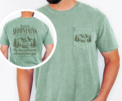 Mountain Scripture Shirt, Christian Pocket Tee, Faith Based T Shirt, Isaiah 54 10 Shirt