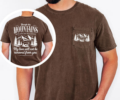 Mountain Scripture Shirt, Christian Pocket Tee, Faith Based T Shirt, Isaiah 54 10 Shirt
