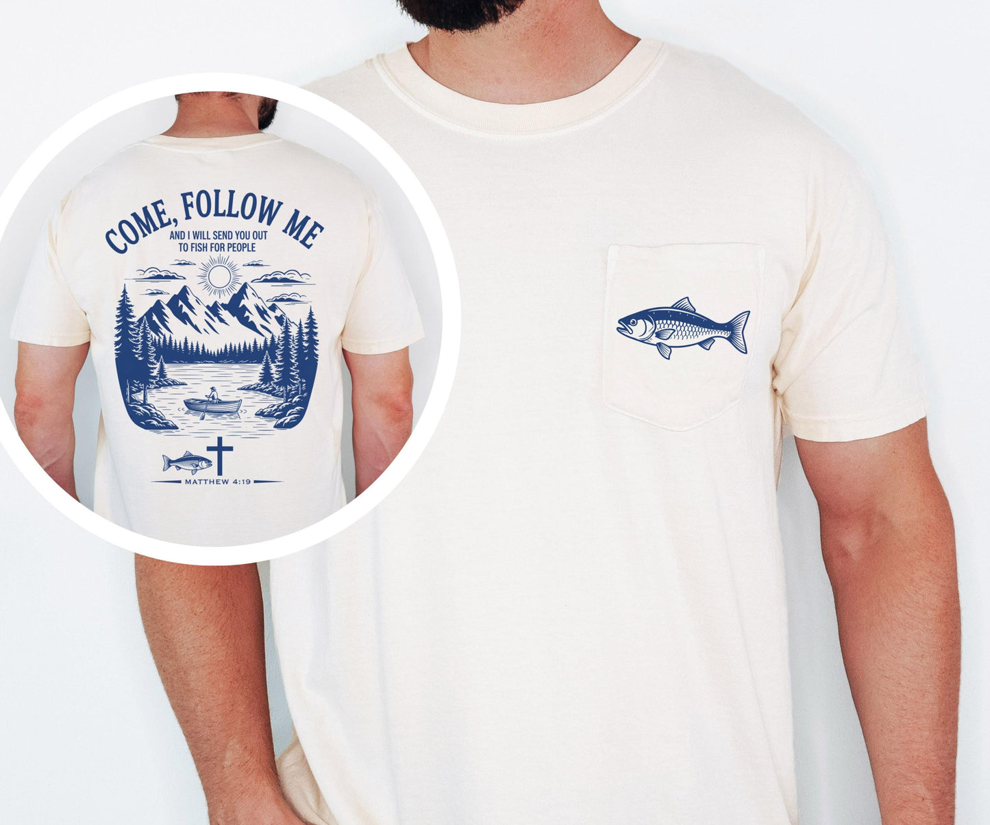 Christian Fishing Shirt Comfort Colors Pocket Tee Come Follow Me Matthew 4 19 Bible Verse Outdoor Faith Shirt Lake Boat Life Tee