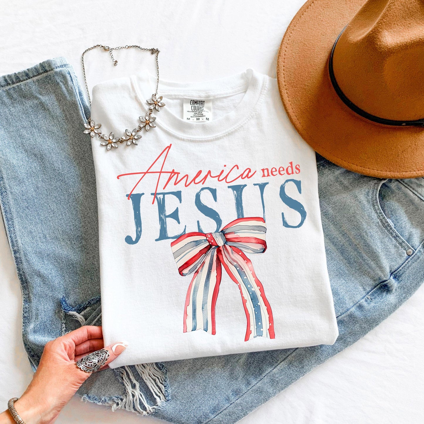 America Needs Jesus Shirt, Patriotic Christian Graphic Tee, Red White and Blue Bow T-Shirt, Fourth of July Faith Top, Religious USA Shirt