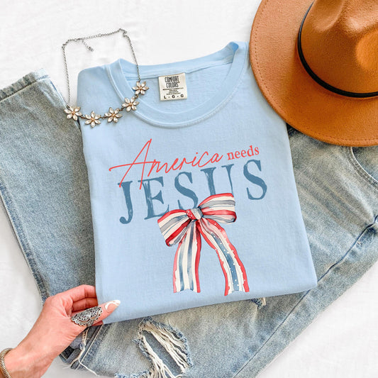 America Needs Jesus Shirt, Patriotic Christian Graphic Tee, Red White and Blue Bow T-Shirt, Fourth of July Faith Top, Religious USA Shirt